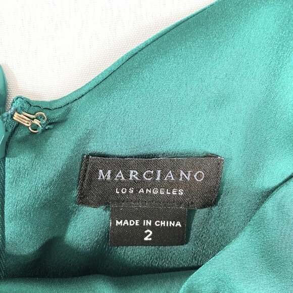 MARCIANO GREEN SATIN SLEEVELESS RUFFLE HIGH LOW EVENING FORMAL GOWN DRESS - 2 - Picture 6 of 11